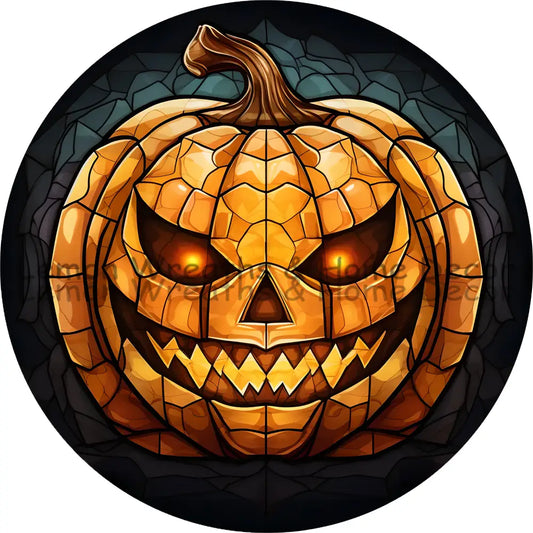 Faux Stained Glass Creepy Pumpkin Metal Sign