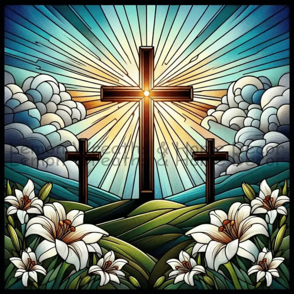 Faux Stained Glass Easter Sunrise Crosses Metal Sign