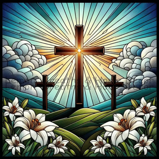 Faux Stained Glass Easter Sunrise Crosses Metal Sign
