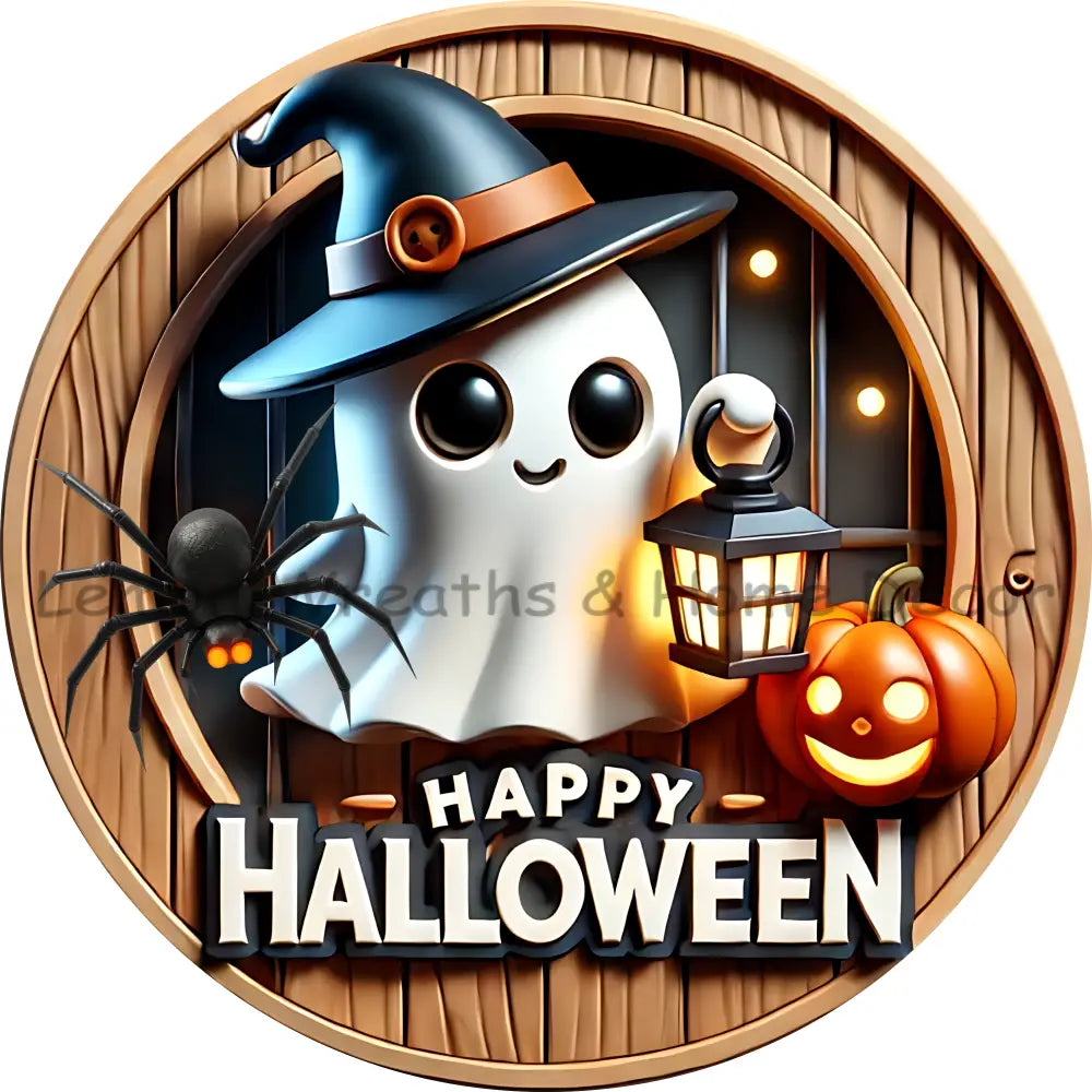 Faux Wood Happy Halloween Ghost Metal Sign