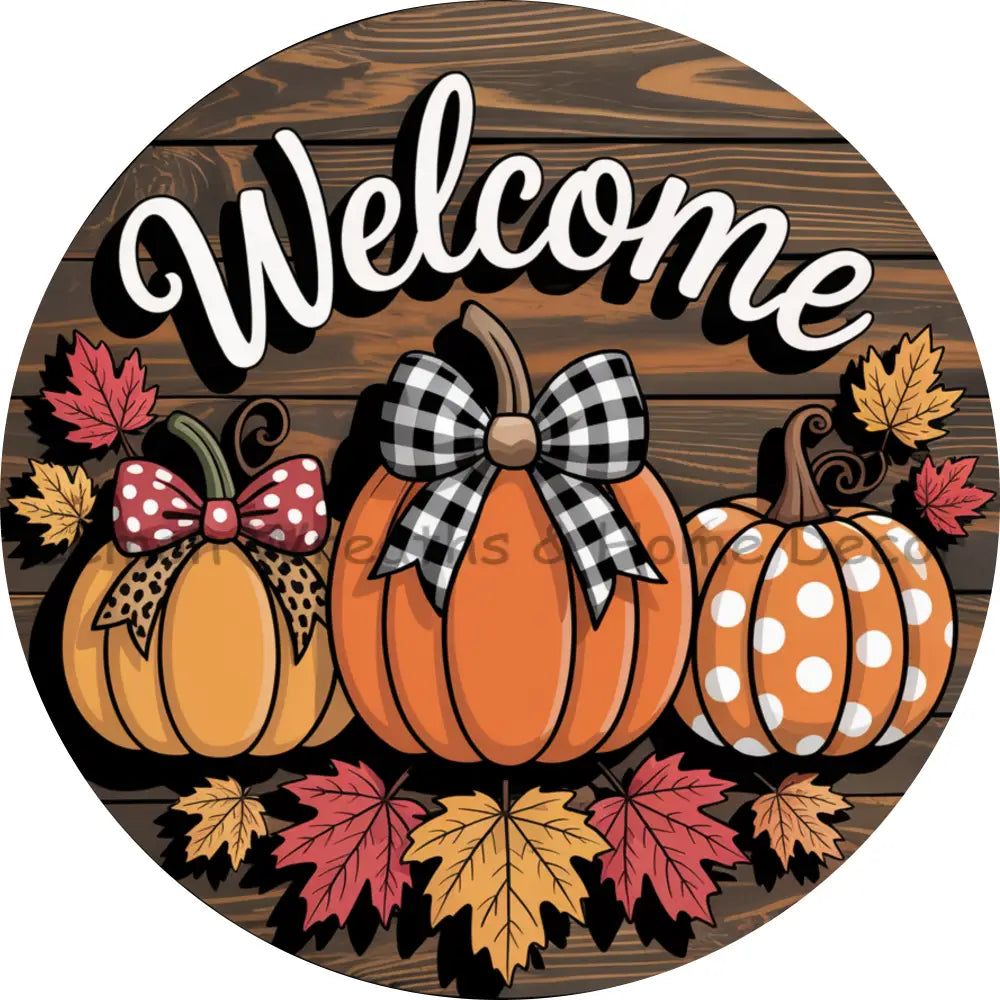Faux Wood Welcome Pumpkins and Leaves Metal Sign