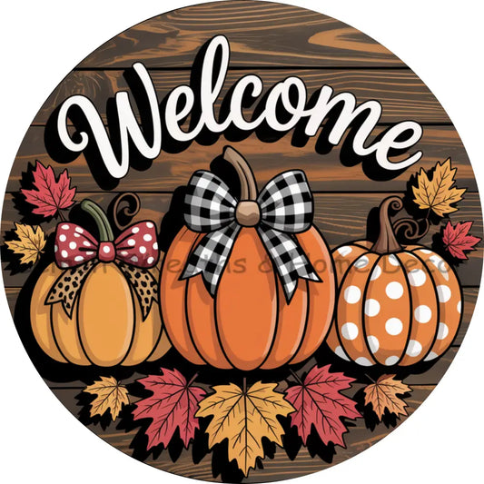 Faux Wood Welcome Pumpkins and Leaves Metal Sign