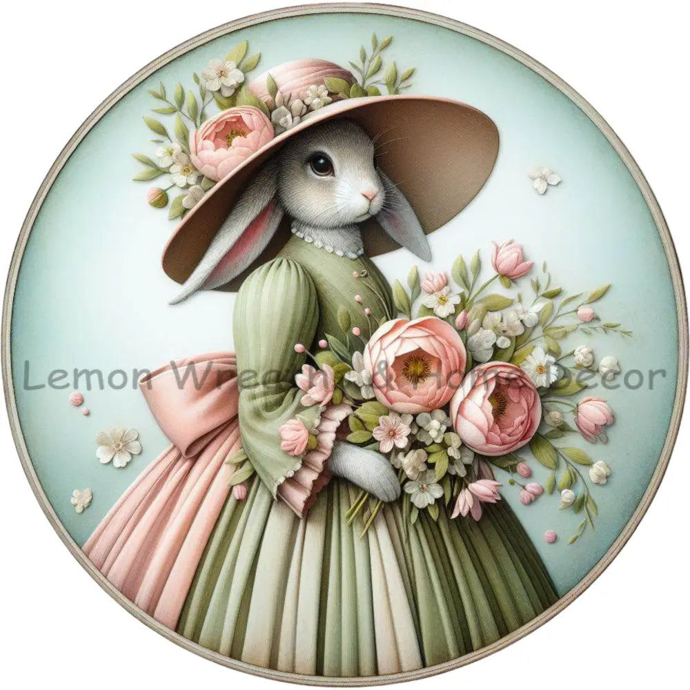 Floppy Ear Victorian Rabbit Green Dress Metal Sign