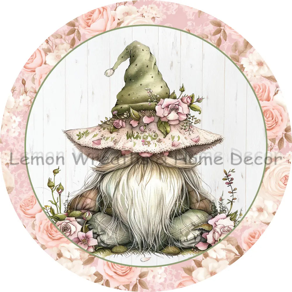 Floral Gnome Pink Roses Metal Sign