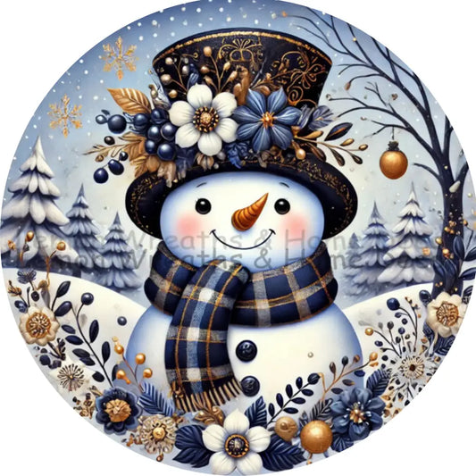 Floral Hat Snowman Navy Blue And Gold Metal Sign
