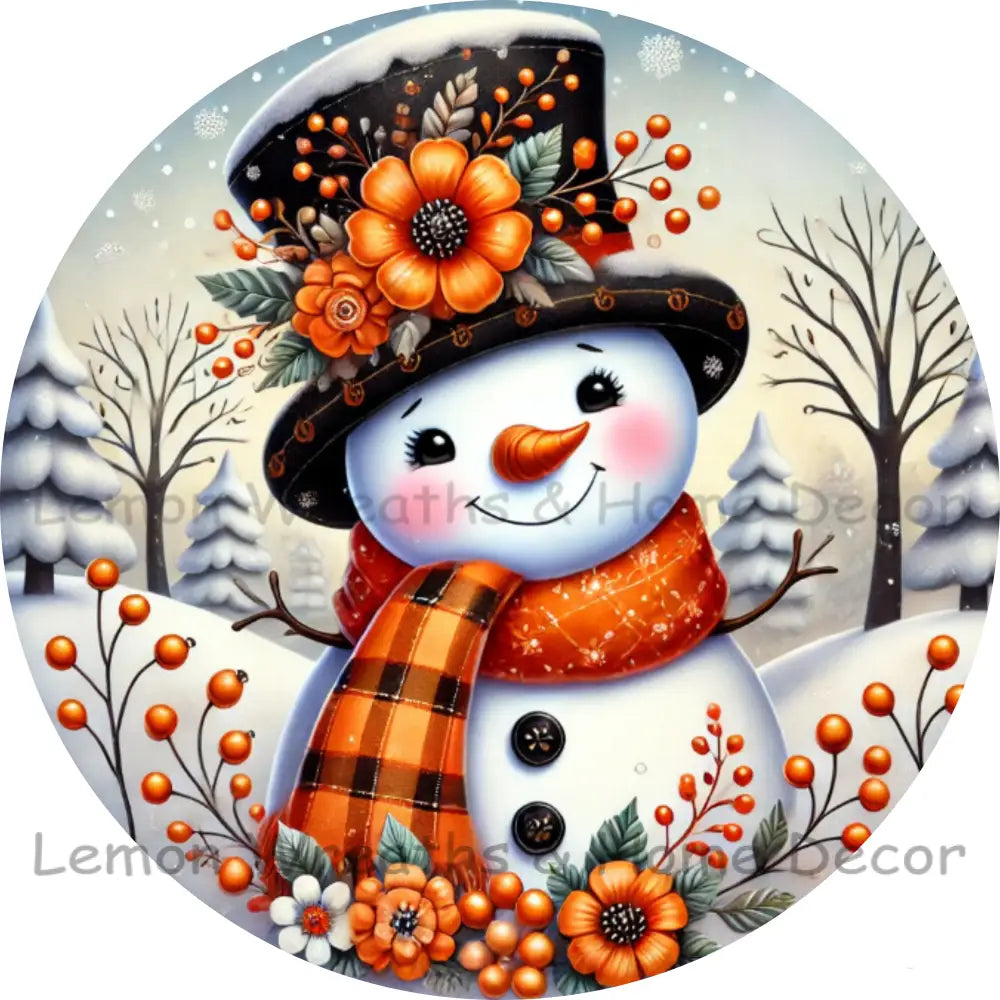 Floral Hat Snowman Orange Metal Sign