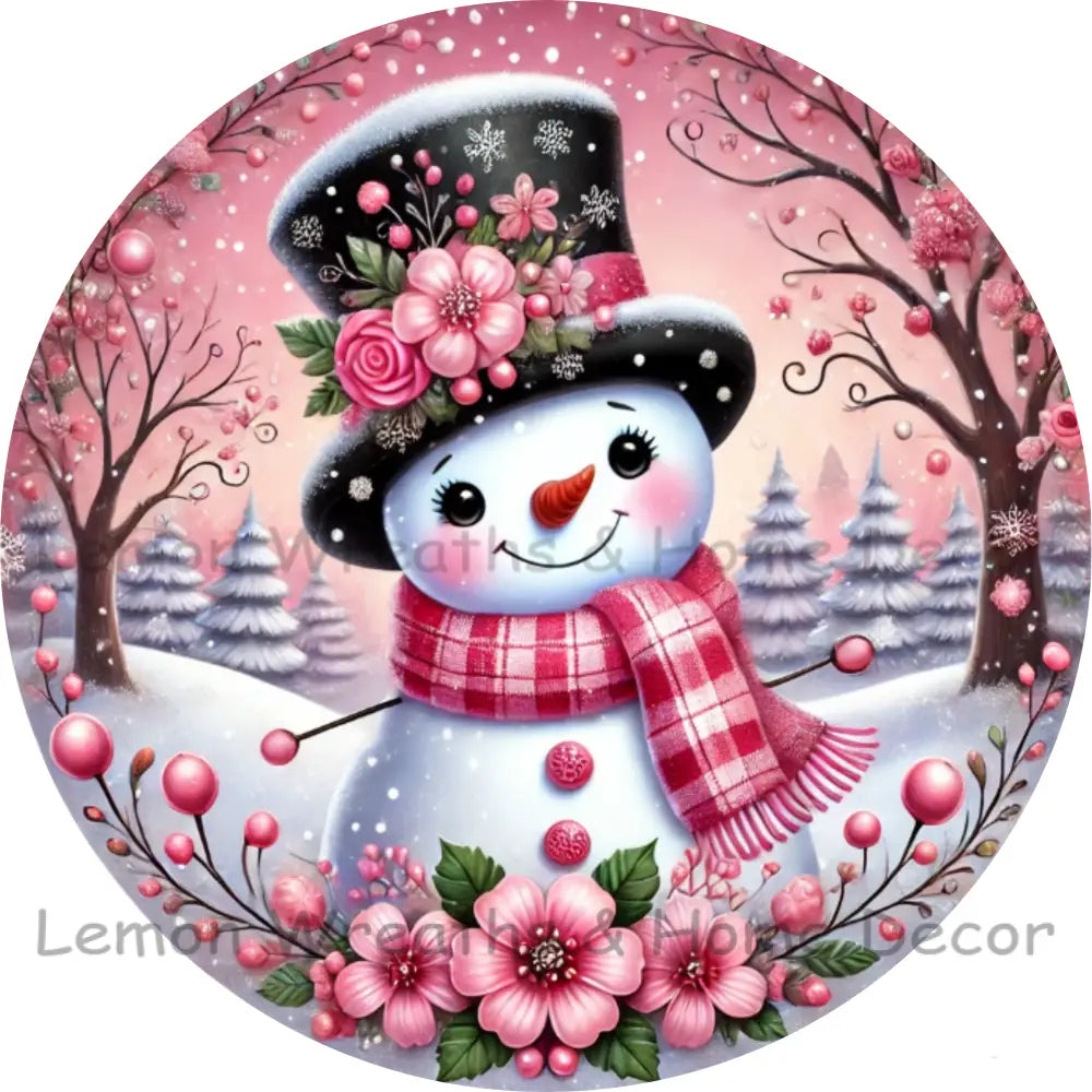 Floral Hat Snowman Pink Metal Sign
