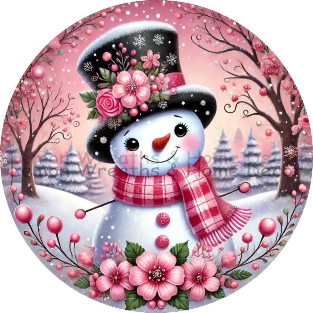 Floral Hat Snowman Pink Metal Sign