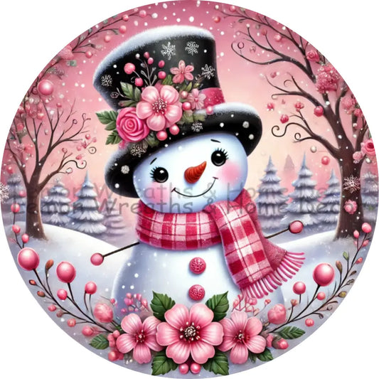 Floral Hat Snowman Pink Metal Sign