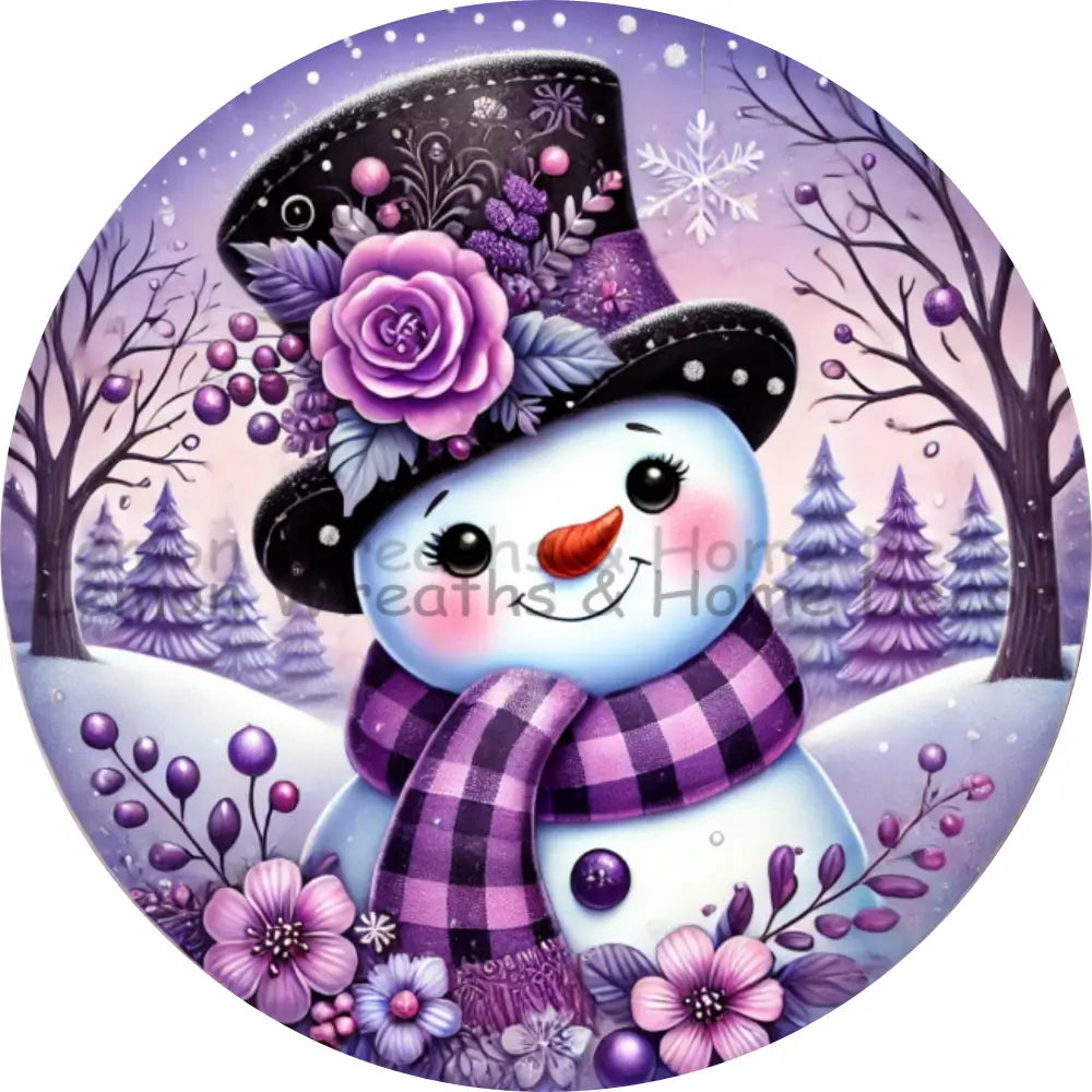 Floral Hat Snowman Purple Metal Sign