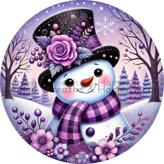 Floral Hat Snowman Purple Metal Sign