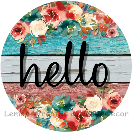 Floral Hello Teal Coral Metal Sign 8