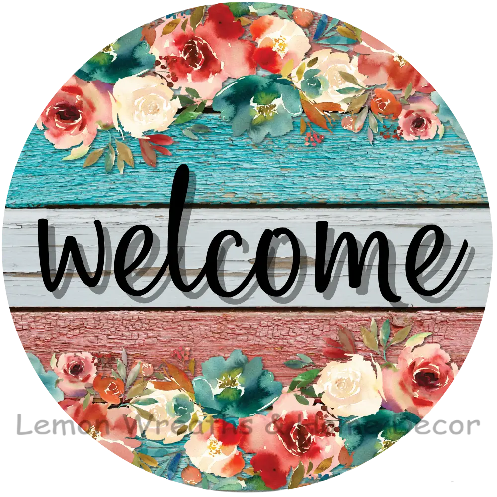Floral Welcome Teal Coral Metal Sign 8