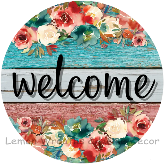 Floral Welcome Teal Coral Metal Sign 8