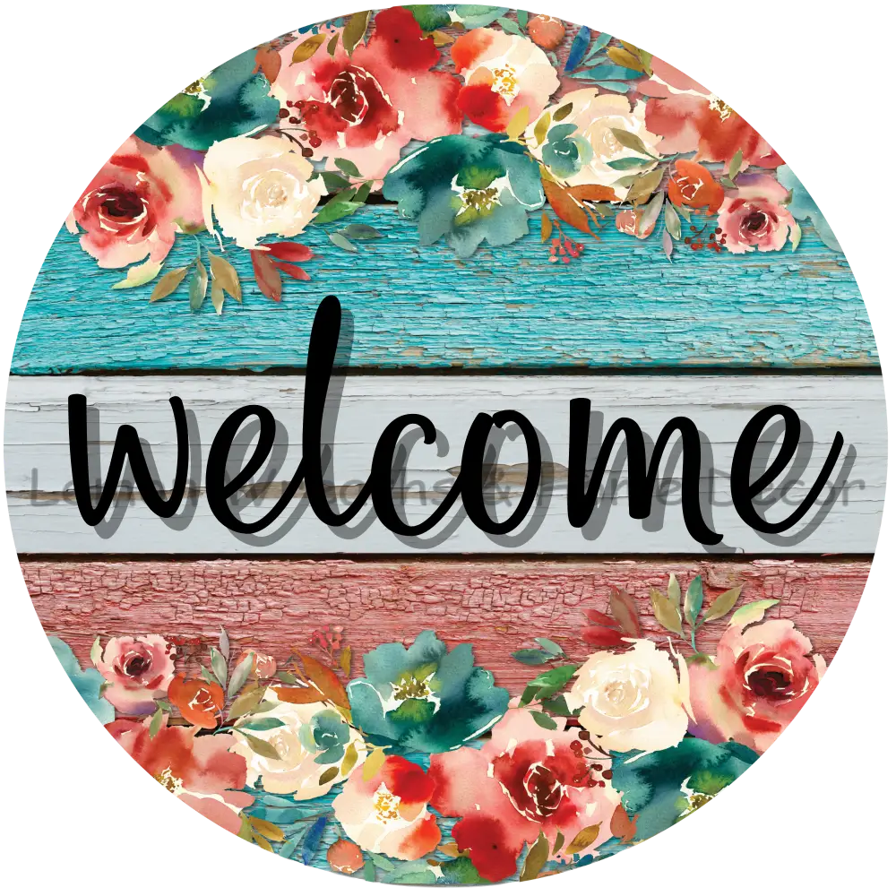 Floral Welcome Teal Coral Metal Sign 8