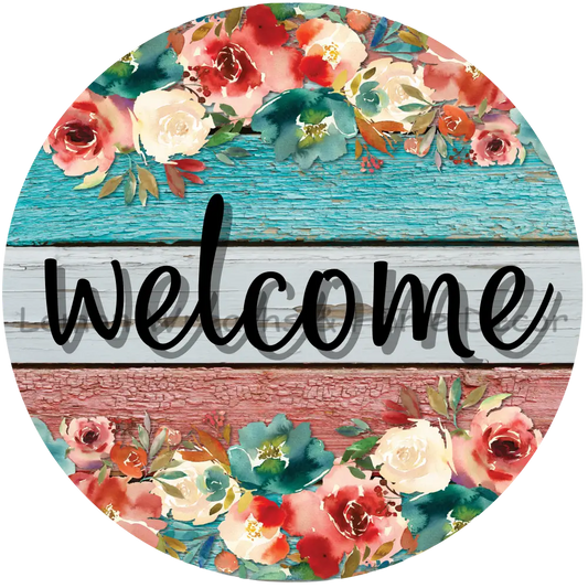 Floral Welcome Teal Coral Metal Sign 8