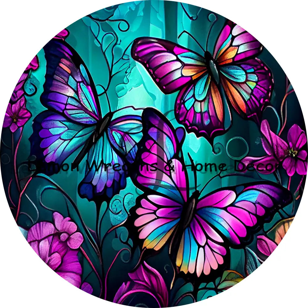 Flying Butterflies Purple Teal Circle Metal Sign 8