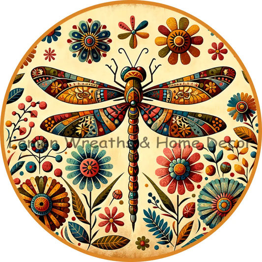 Folk Art Dragonfly Rust And Mustard Yellow Metal Sign