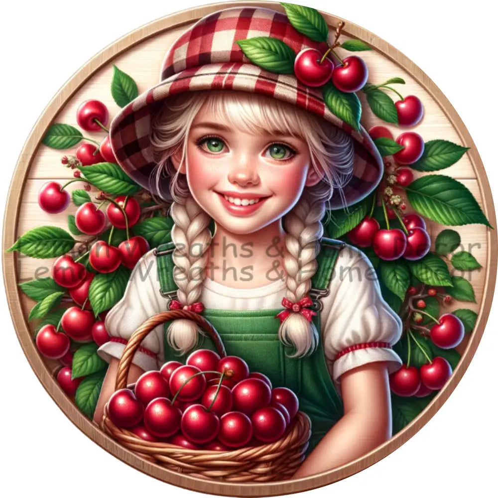Fruitful Seasons Cherry Girl Metal Sign