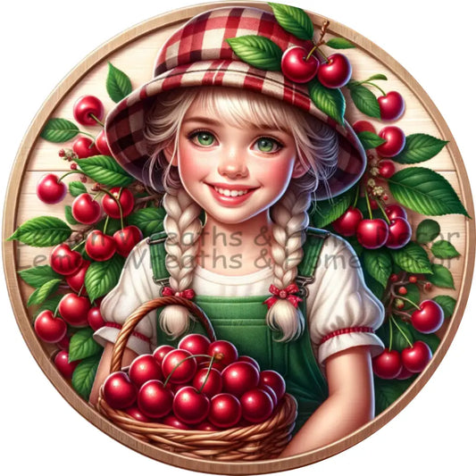 Fruitful Seasons Cherry Girl Metal Sign