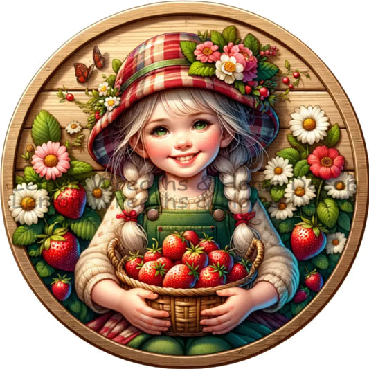 Fruitful Seasons Strawberry Girl Metal Sign