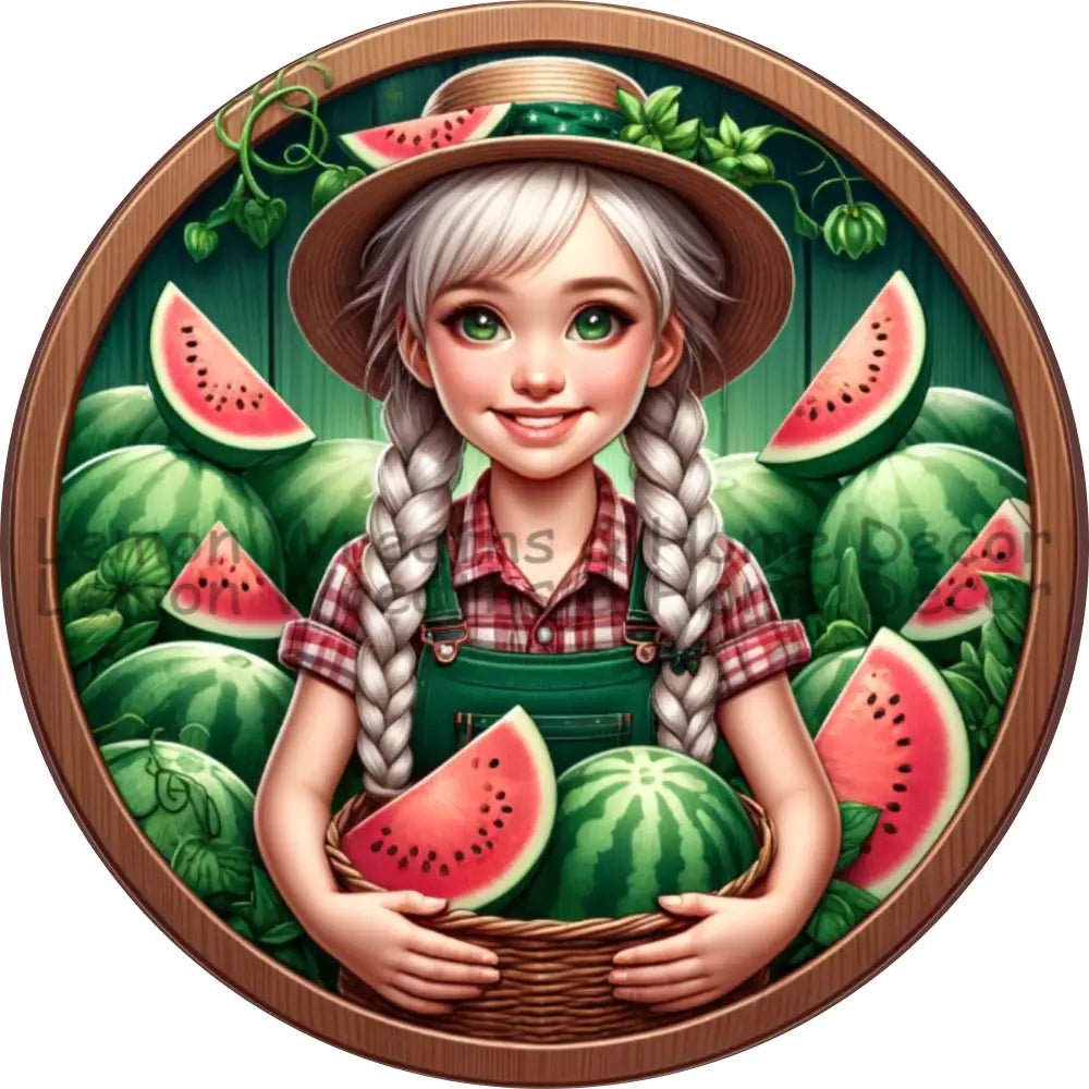 Fruitful Seasons Watermelon Girl Metal Sign