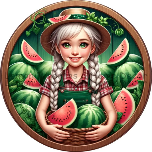 Fruitful Seasons Watermelon Girl Metal Sign