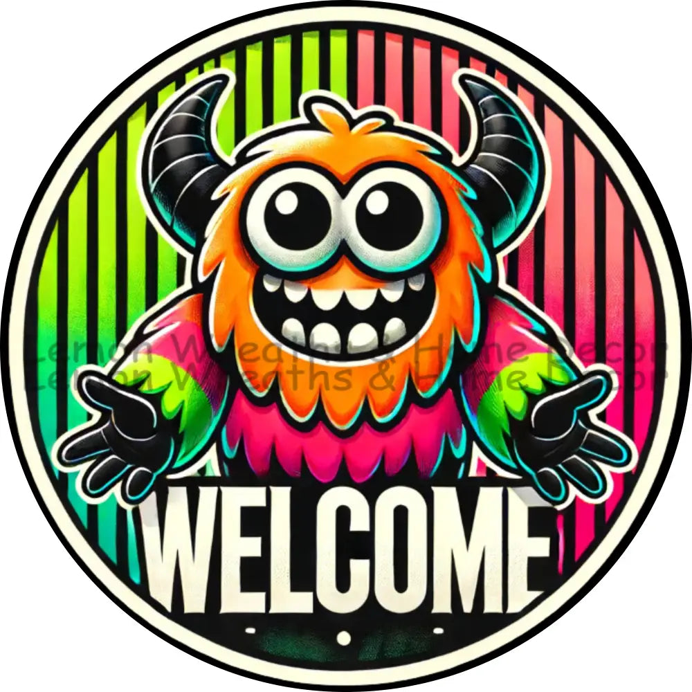 Furry Fluorescent Halloween Monster Welcome Metal Sign