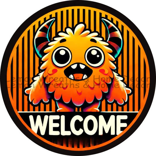 Furry Orange Halloween Monster Welcome Metal Sign