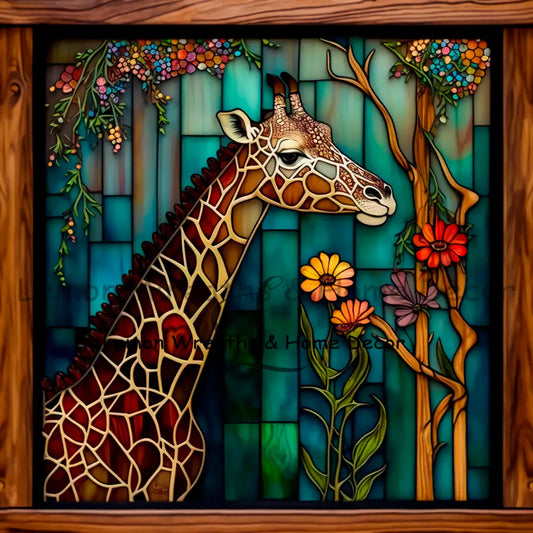 Giraffe Wood Border Faux Stained Glass Metal Sign 8