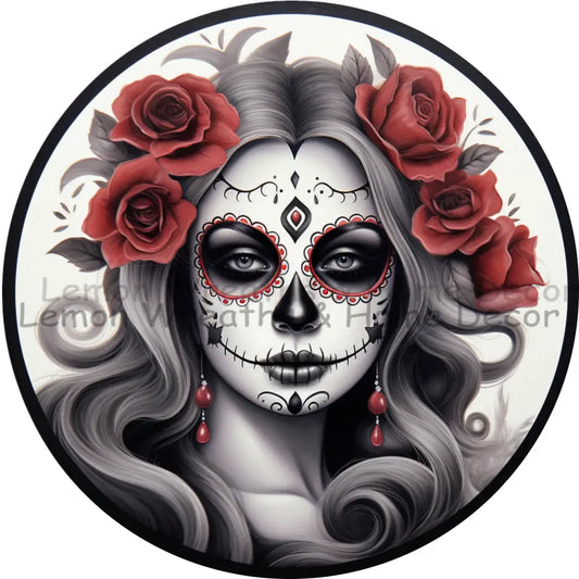 Grey With Burgundy Floral Piece Sugar Skull Woman Metal Sign 6