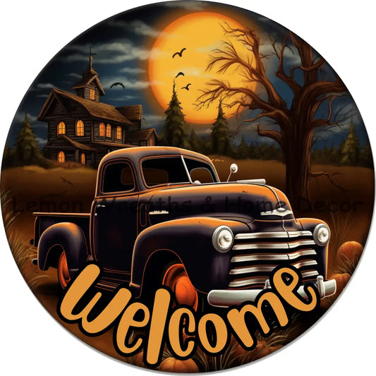 Halloween Scene Orange Truck Metal Sign 6 / Welcome