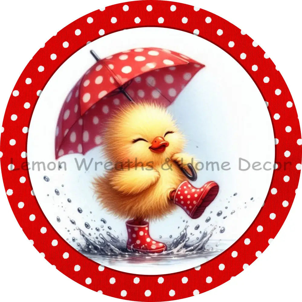 Happy Duck in The Rain Red Polka Dots Metal Sign