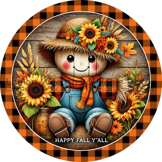 Happy Fall Ya’ll Harvest Scarecrow Checkered Border Metal Sign