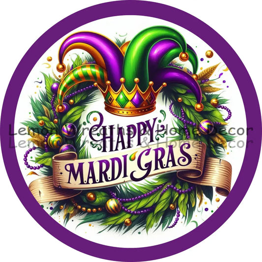Happy Mardi Gras Jester Hat Purple Border Metal Sign