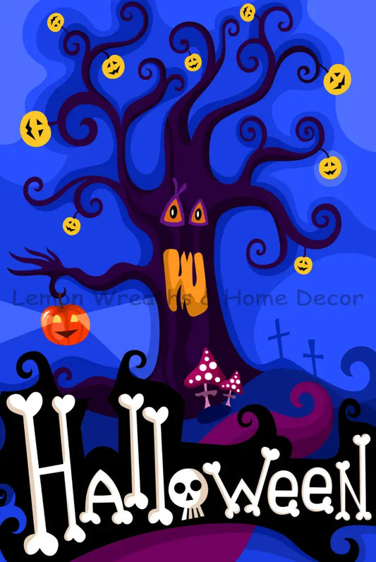 Haunted Halloween Pumpkin Tree Metal Sign