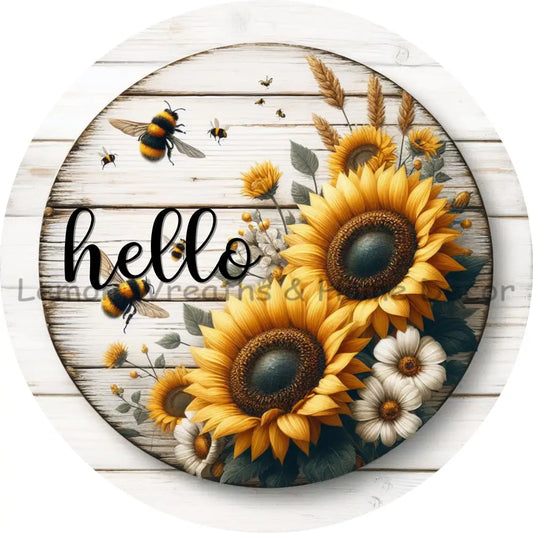 Hello Bumble Bees and Sunflowers Metal Sign