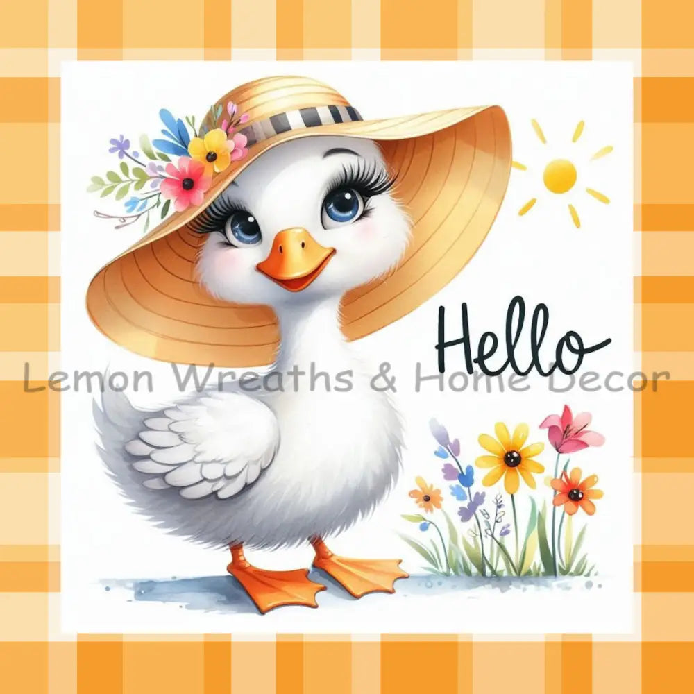 Hello Duckling Yellow Plaid Metal Sign