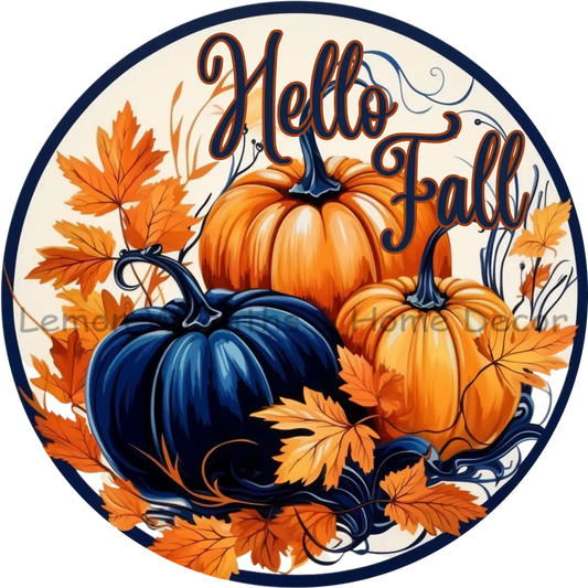 Hello Fall Indigo And Copper Pumpkins Metal Sign 6 /