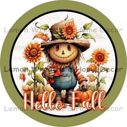 Hello Fall Scarecrow Sunflowers Metal Sign 8