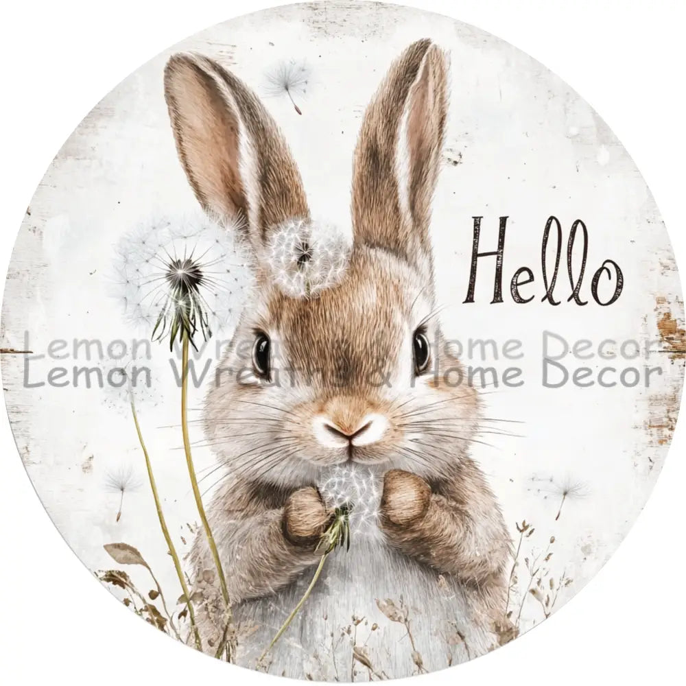 Hello Natural Bunny Blowing Dandelions Metal Sign