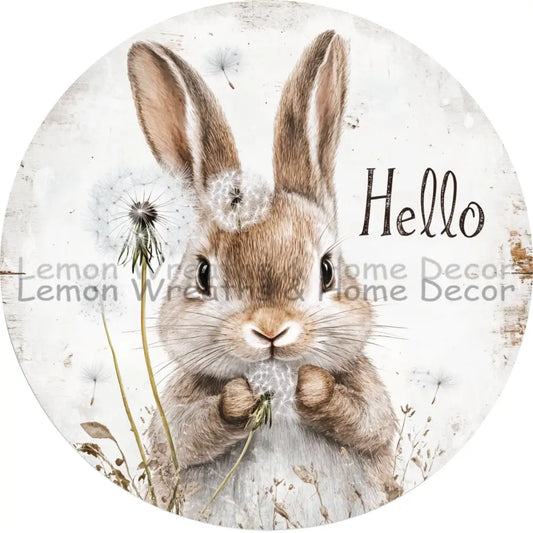 Hello Natural Bunny Blowing Dandelions Metal Sign