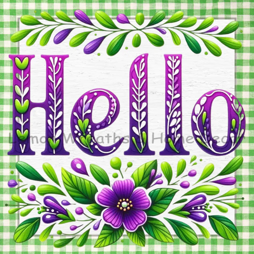 Hello Purple and Green Floral Metal Sign