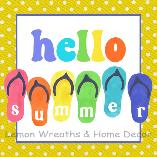 Hello Summer Yellow Polka Dot Flip Flops Metal Sign Square 8