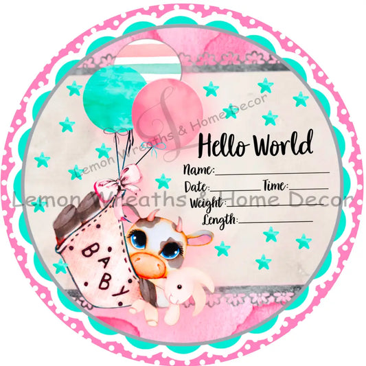 Hello World Baby Girl Birth Announcement Metal Sign 8