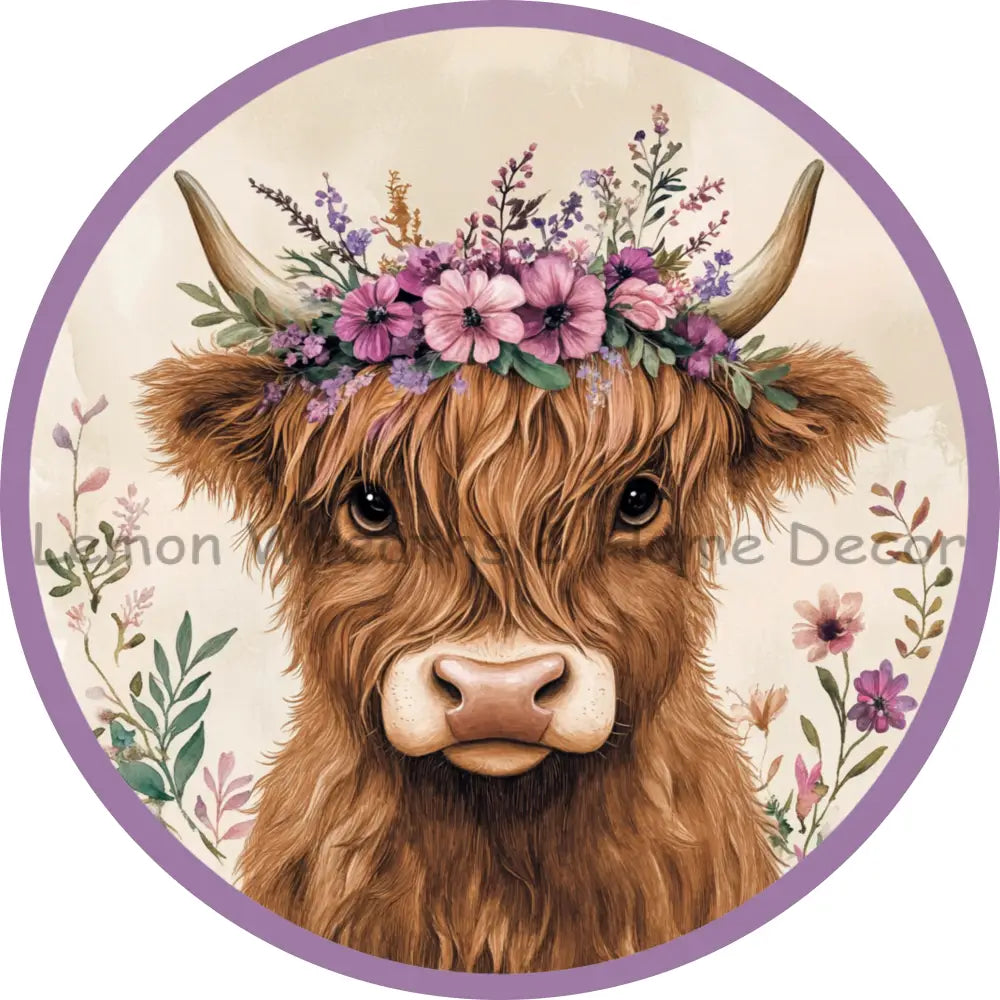 Highland Cow Purple Flowers Metal Sign