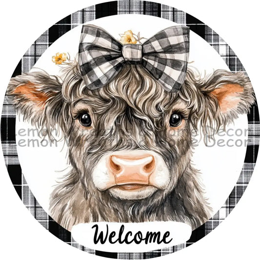 Hiland Cow Welcome Checkered Bow Metal Sign