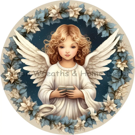 Holiday Angel Blue and White Metal Sign
