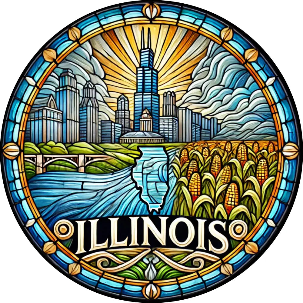 Illinois Faux Stained Glass Metal Sign