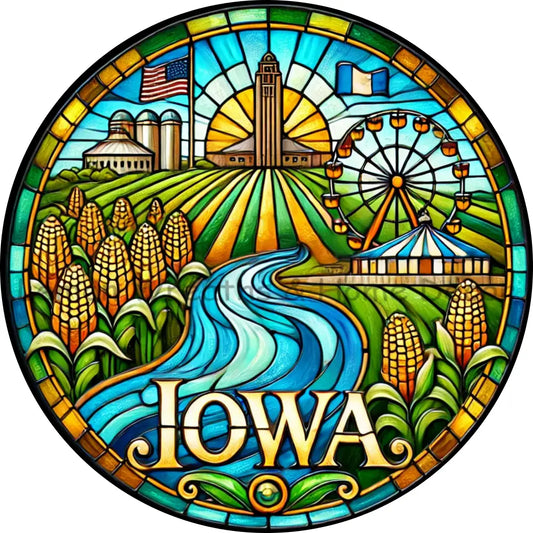 Iowa Faux Stained Glass Metal Sign